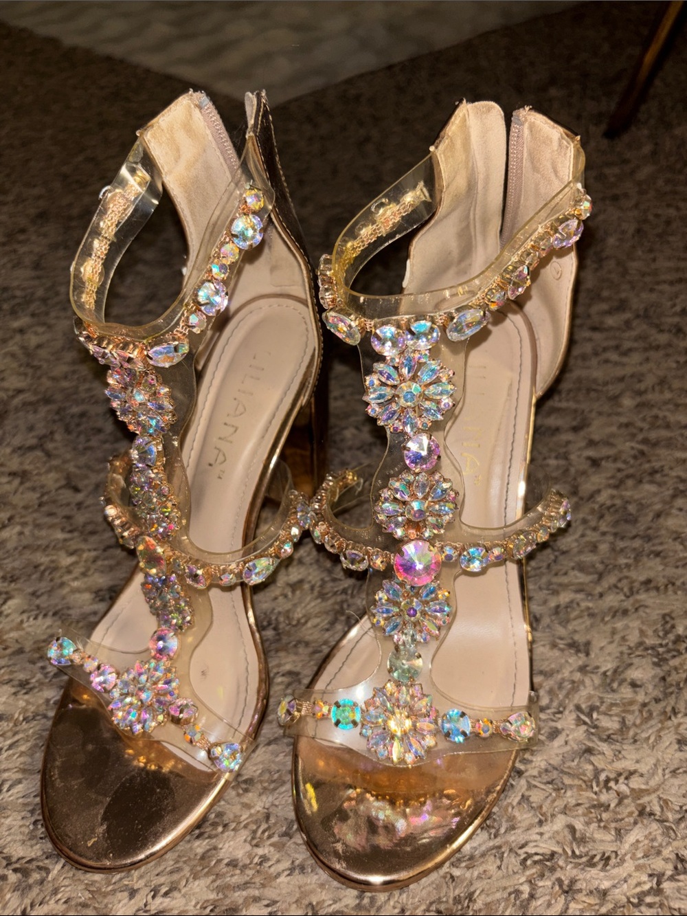 Liliana Gold Jeweled T-Strap High Heel Sandals
